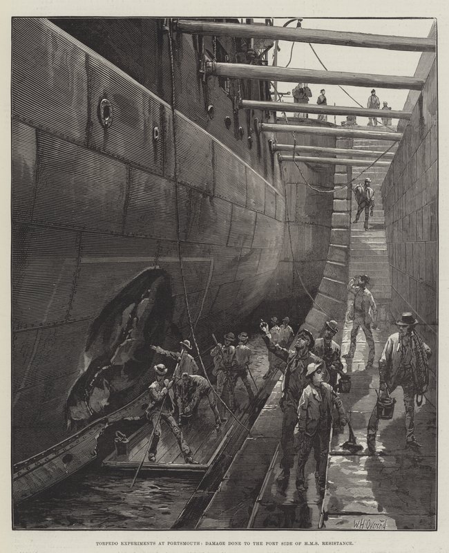 Esperimenti con siluri a Portsmouth, danni al lato sinistro della HMS Resistance da William Heysham Overend