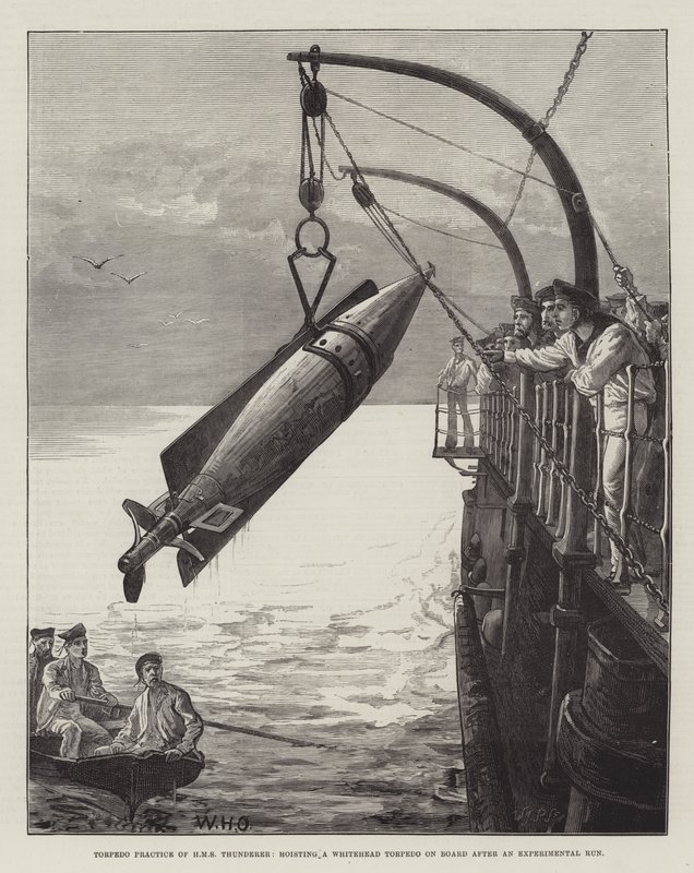 Pratica di siluri della HMS Thunderer, sollevando un siluro Whitehead a bordo dopo una corsa sperimentale da William Heysham Overend