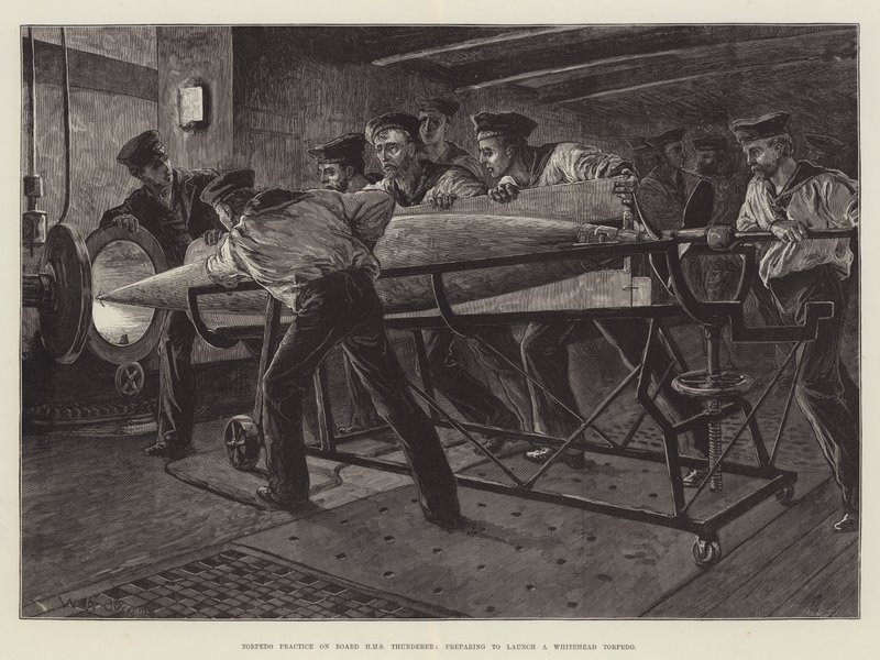 Esercitazione con siluri a bordo della HMS Thunderer, preparazione al lancio di un siluro Whitehead da William Heysham Overend
