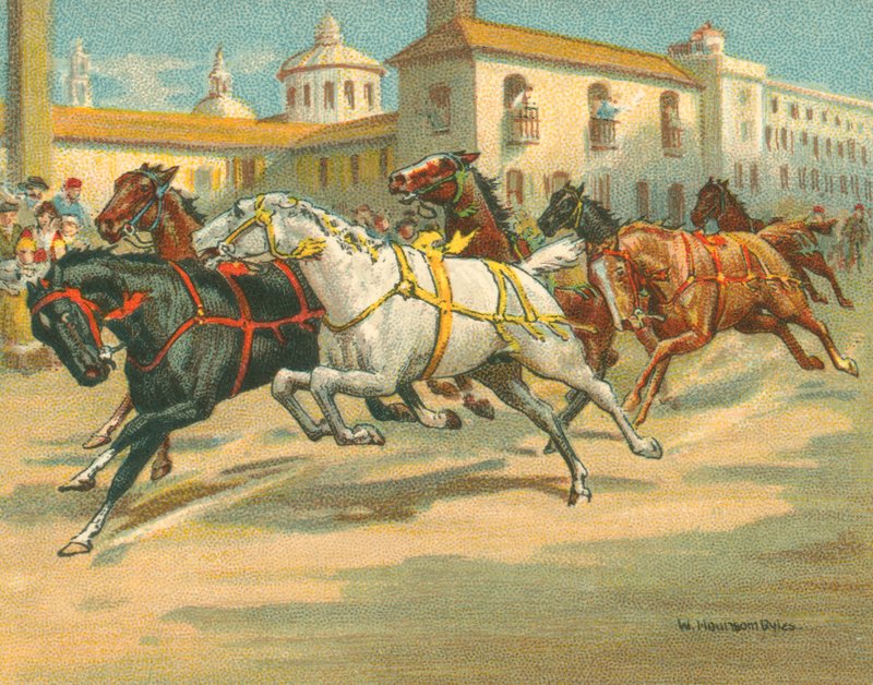 Gare Storiche e Moderne, Corse di Cavalli senza Cavaliere in Italia (cromolitografia) da William Hounsom Byles