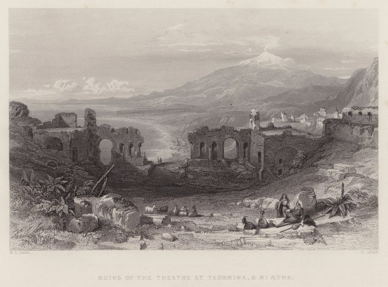 Rovine del Teatro di Taormina e Monte Etna (incisione) da William Leighton Leitch