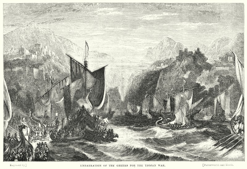Imbarco dei Greci per la guerra di Troia (incisione) da William Linton