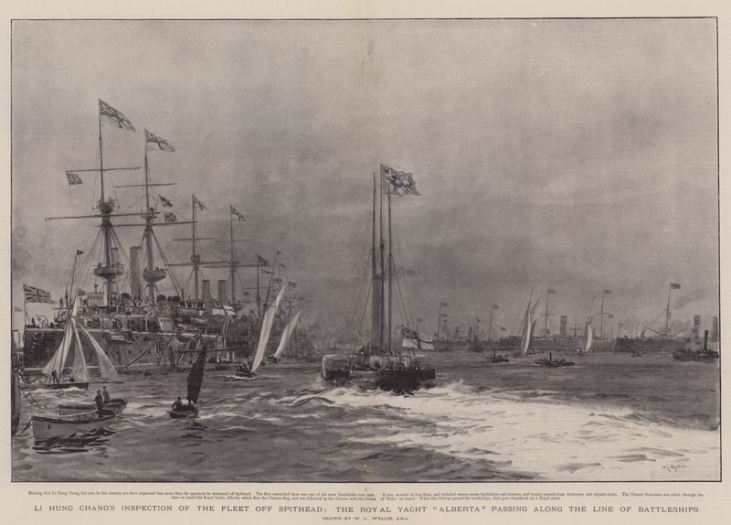 Ispezione della flotta di Li Hung Chang al largo di Spithead, il Royal Yacht Alberta che passa lungo la linea delle navi da battaglia da William Lionel Wyllie