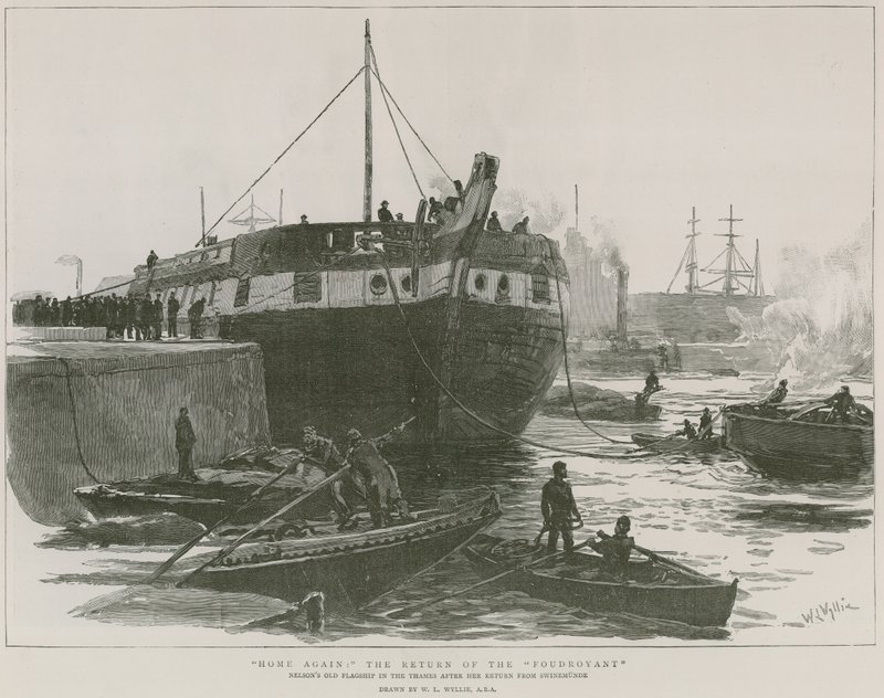 La vecchia nave ammiraglia di Nelson nel fiume Tamigi dopo il suo ritorno da Sinemunde da William Lionel Wyllie