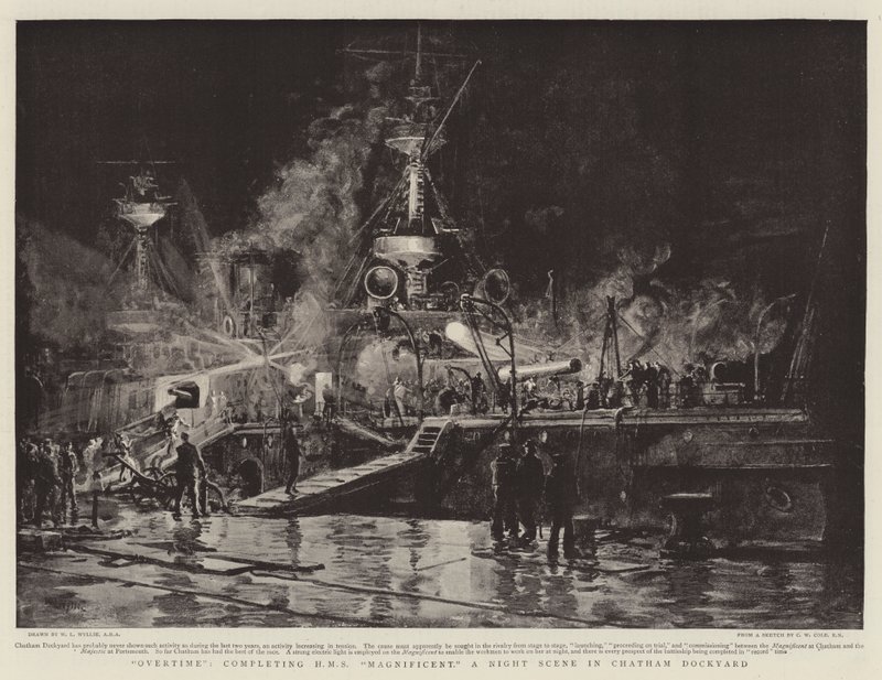 Straordinari, completamento della HMS Magnificent, una scena notturna nel cantiere navale di Chatham da William Lionel Wyllie