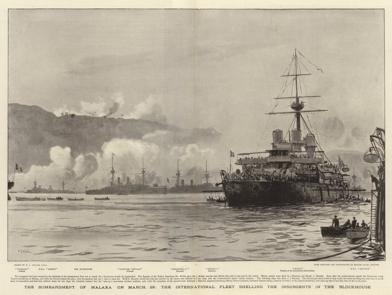 Il bombardamento di Malaxa il 23 marzo, la flotta internazionale bombarda gli insorti nel fortino da William Lionel Wyllie