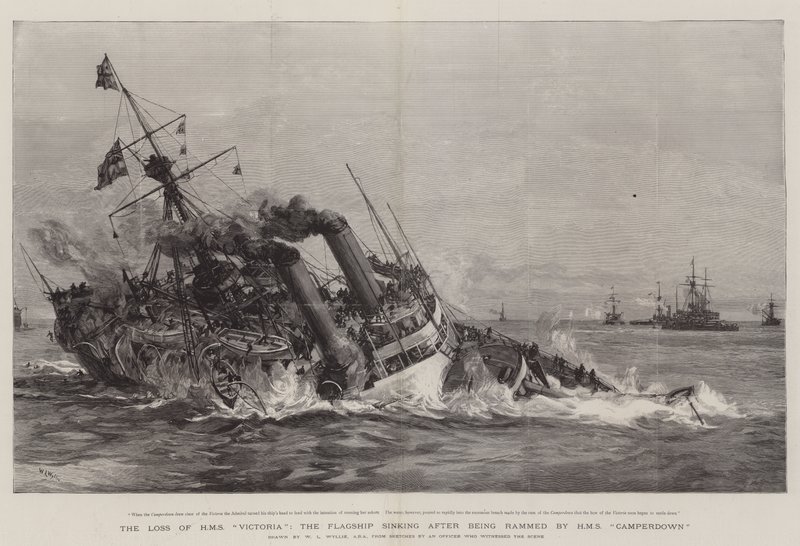 La Perdita della HMS Victoria, la Nave Ammiraglia che Affonda dopo essere stata Speronata dalla HMS Camperdown da William Lionel Wyllie
