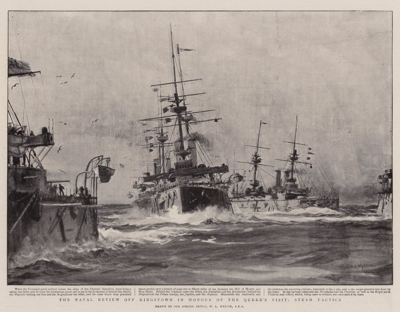 La rivista navale al largo di Kingstown in onore della visita della regina, tattiche a vapore da William Lionel Wyllie