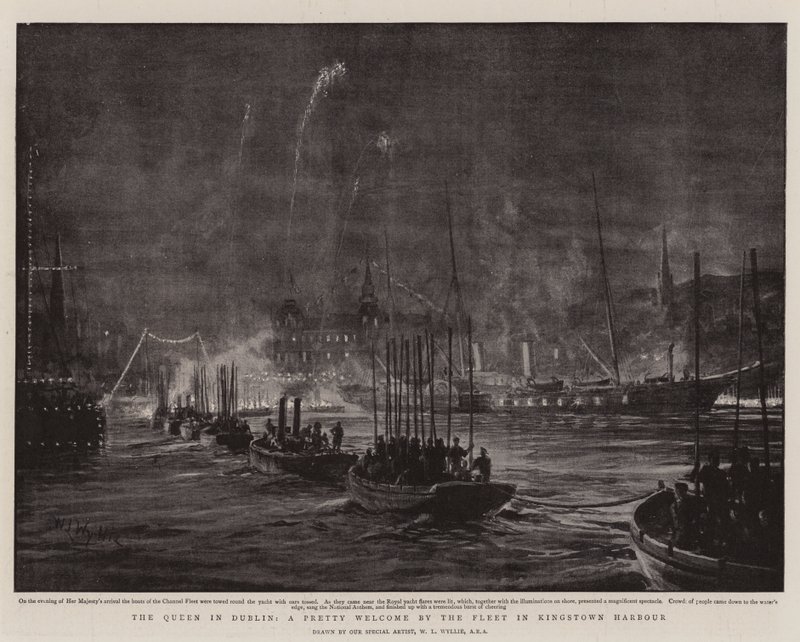 La Regina a Dublino, un Benvenuto Carino dalla Flotta nel Porto di Kingstown da William Lionel Wyllie