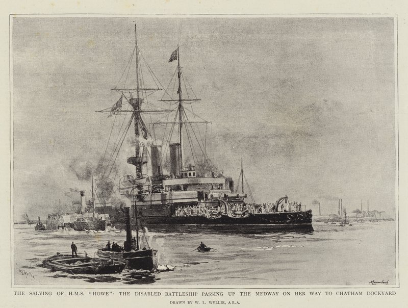 Il Salvataggio della HMS Howe, la Nave da Battaglia Disabilitata che passa sul Medway sulla Strada per il Cantiere Navale di Chatham da William Lionel Wyllie