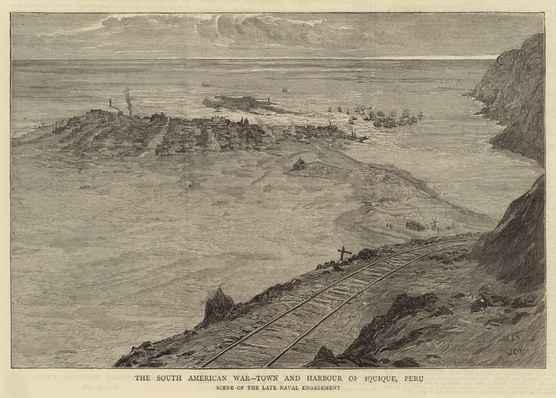 La guerra sudamericana, città e porto di Iquique, Perù da William Lionel Wyllie