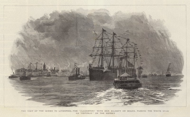 La visita della regina a Liverpool, il Claughton, con Sua Maestà a bordo, che passa davanti alla White Star SS Republic sul Mersey da William Lionel Wyllie
