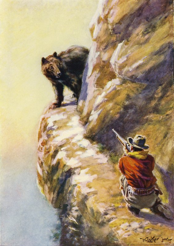 Confronto tra un uomo e un orso su una stretta sporgenza di montagna da William Luker