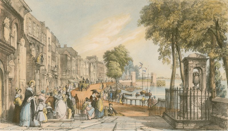 Chelsea con parte della vecchia chiesa e la tomba di Sir Hans Sloane da William Parrott