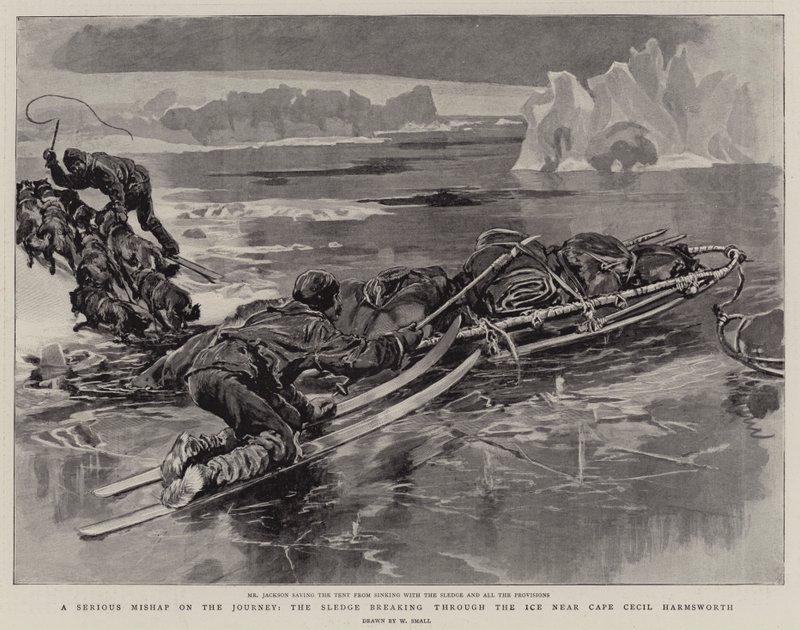 Un grave incidente durante il viaggio, la slitta che si rompe attraverso il ghiaccio vicino a Cape Cecil Harmsworth da William Small