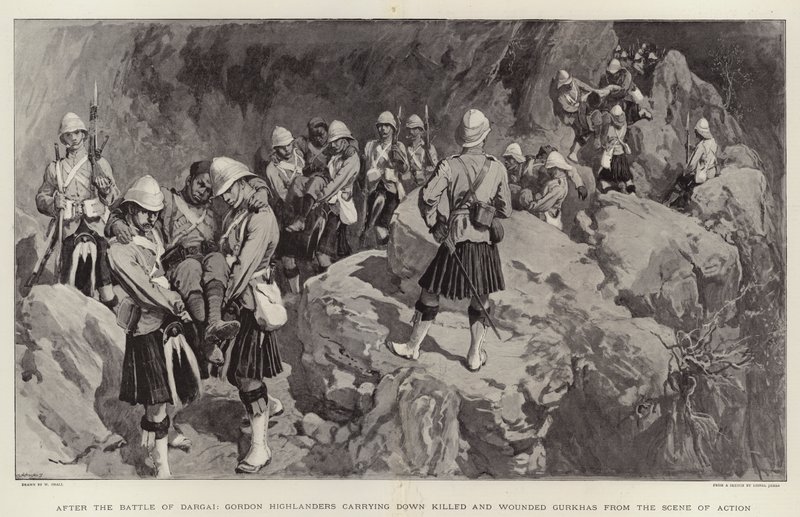 Dopo la battaglia di Dargai, gli Highlanders di Gordon trasportano giù Gurkha uccisi e feriti dal luogo dell