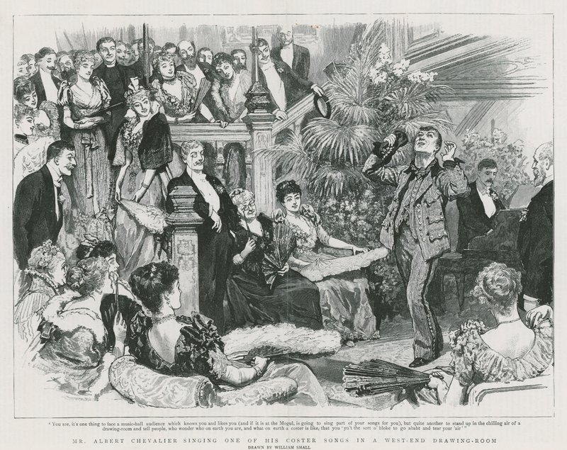 Mr Albert Chevalier che canta una delle sue canzoni coster in un salotto del West End (incisione) da William Small