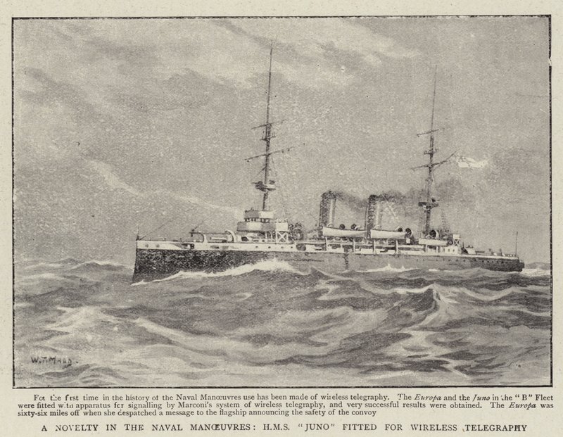 Una novità nelle manovre navali, H M S Juno attrezzata per la telegrafia senza fili da William T. Maud