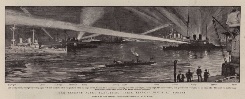 La flotta di riserva esercita i loro riflettori a Torbay da William T. Maud