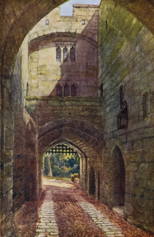 Castello di Warwick: Casa del Cancello e Saracinesca (litografia a colori) da William W. Quatremain