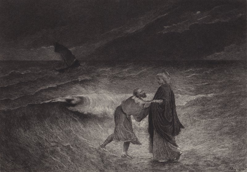 Gesù e San Pietro sul mare da after Albert Robida