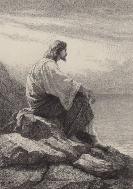 Gesù seduto sulla riva del mare da after Albert Robida