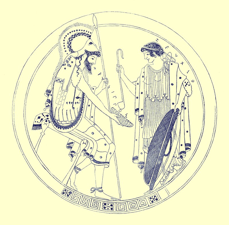 Un guerriero seduto tiene la sua coppa di vino, illustrazione da Pitture di vasi greci di J. E. Harrison e D. S. MacColl, pubblicato nel 1894 da after English School