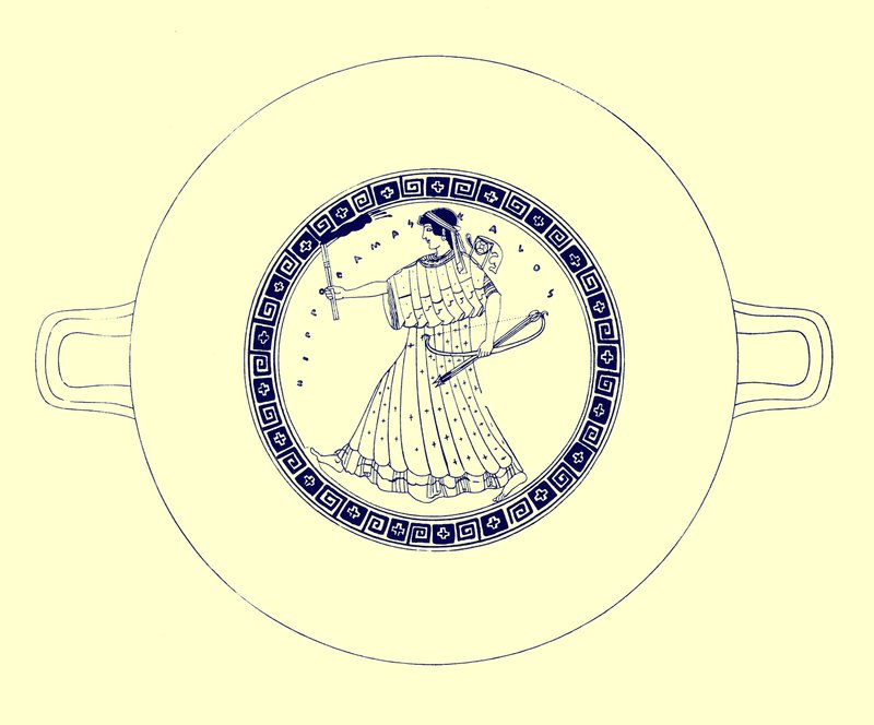 Artemide con arco, freccia e torcia, illustrazione da Pitture di vasi greci di J. E. Harrison e D. S. MacColl, pubblicato nel 1894 da after English School