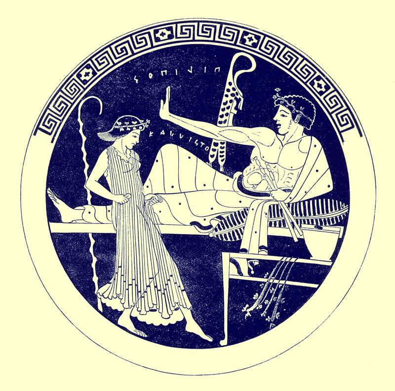 Ragazza danzante e giovane che banchetta, illustrazione da Pitture di vasi greci di J. E. Harrison e D. S. MacColl, pubblicato nel 1894 da after English School