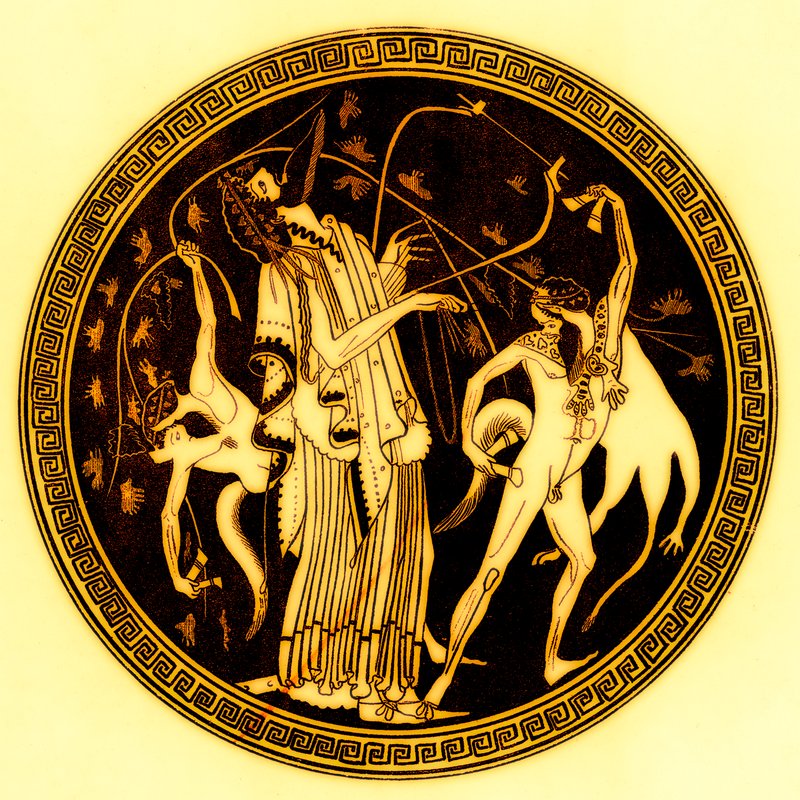 Dioniso e satiri, illustrazione da Pitture di vasi greci di J. E. Harrison e D. S. MacColl, pubblicato nel 1894 da after English School