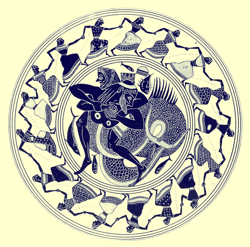 Eracle che lotta con Tritone, illustrazione da Pitture di vasi greci di J. E. Harrison e D. S. MacColl, pubblicato nel 1894 da after English School