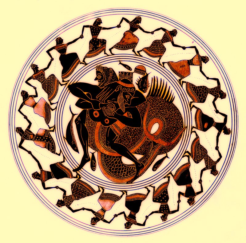 Eracle che lotta con Tritone, illustrazione da Pitture di vasi greci di J. E. Harrison e D. S. MacColl, pubblicato nel 1894 da after English School