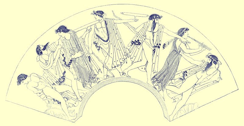 Banchetto di Brygos, illustrazione da Pitture di vasi greci di J. E. Harrison e D. S. MacColl, pubblicato nel 1894 da after English School