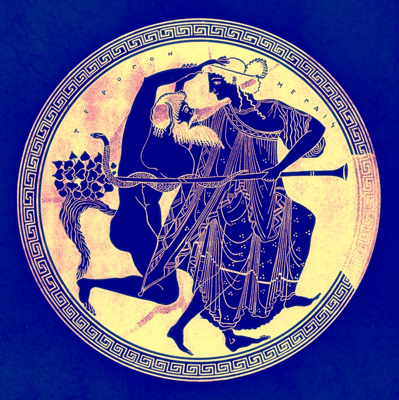 Satiro e menade, illustrazione da Pitture di vasi greci di J. E. Harrison e D. S. MacColl, pubblicato nel 1894 da after English School