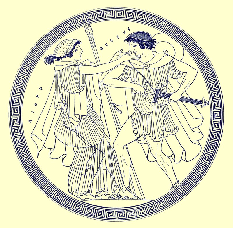 Teseo ed Etra, illustrazione da Pitture di vasi greci di J. E. Harrison e D. S. MacColl, pubblicato nel 1894 da after English School