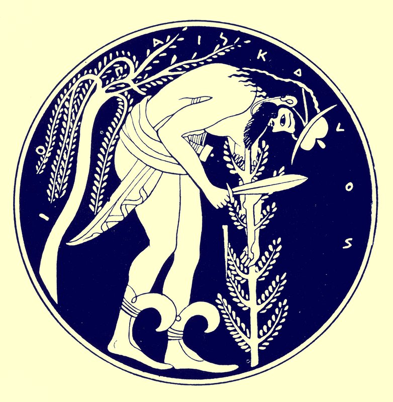 Boscaiolo al lavoro, illustrazione da Pitture di vasi greci di J. E. Harrison e D. S. MacColl, pubblicato nel 1894 da after English School