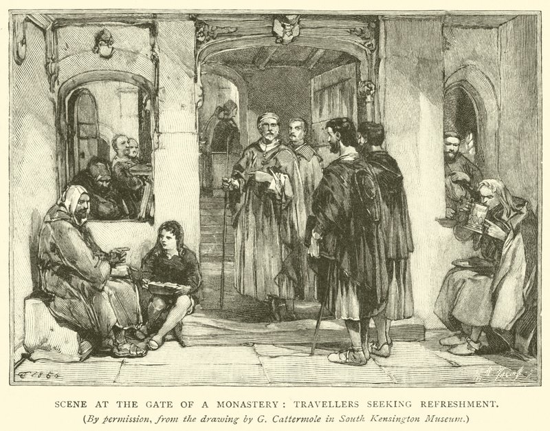 Scena al cancello di un monastero, viaggiatori in cerca di ristoro da after George Cattermole