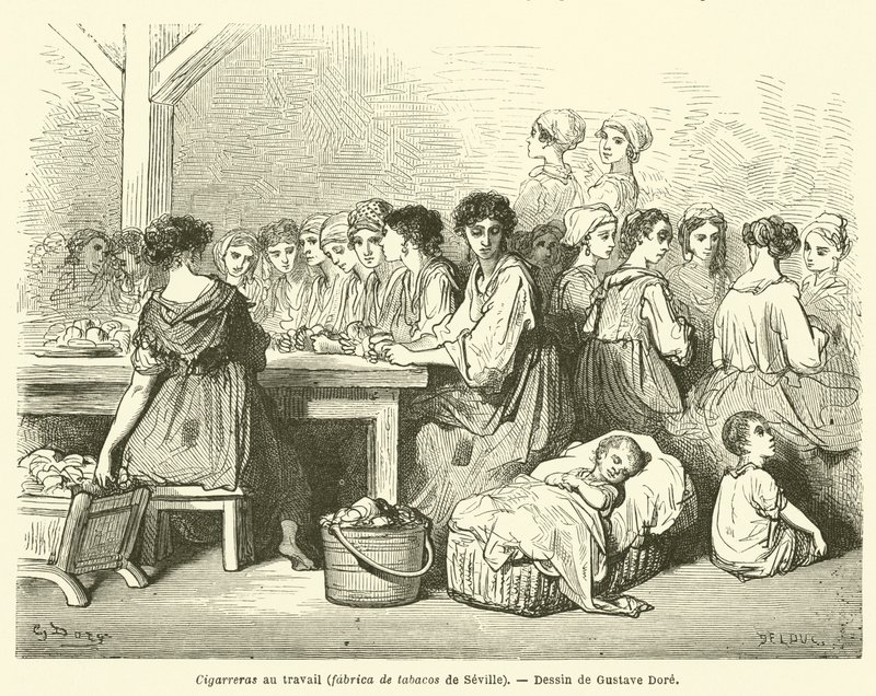 Sigaraie al lavoro, fabbrica di tabacchi di Siviglia da Gustave after Dore