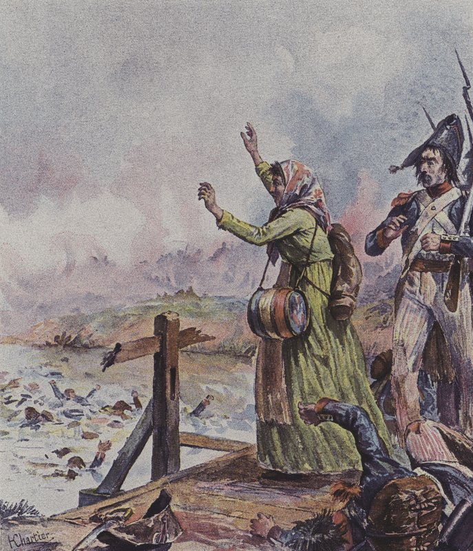 Una Cantiniera Francese Vede Suo Marito tra un Gruppo di Soldati che Annegano nella Battaglia di Arcole, Italia, 1796 da after Henri Georges Jacques Chartier
