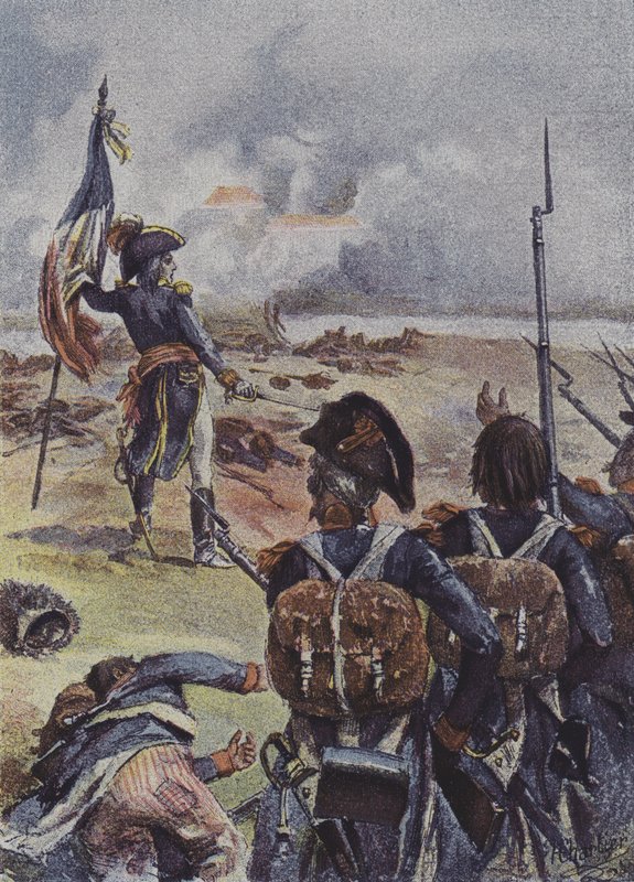 Il Generale Augereau Pianta la Bandiera del 1º Battaglione del 99º Reggimento Davanti alle Loro Linee nella Battaglia di Arcole, Italia, 1796 da after Henri Georges Jacques Chartier