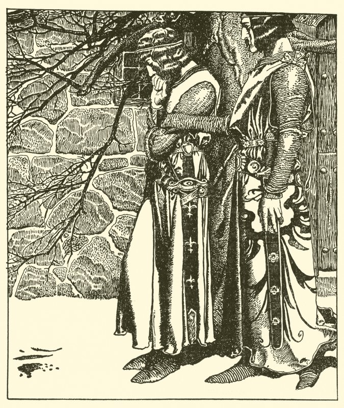 Sir Kay interrompe le meditazioni di Sir Percival da after Howard Pyle