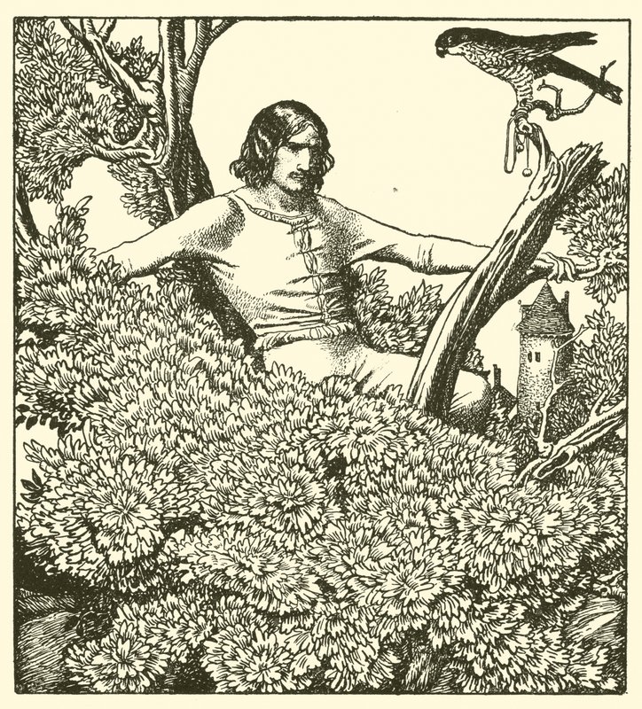 Sir Launcelot sale per catturare il falcone della dama da after Howard Pyle