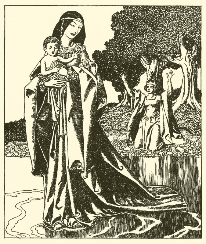 La Dama Nymue porta via Lancillotto nel Lago da after Howard Pyle