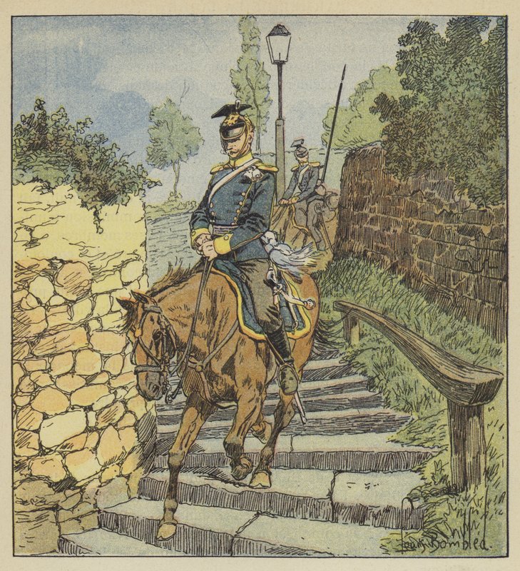 A Châteaudun, due ulani inseguiti scendono a cavallo la scalinata di pietra di 200 gradini da after Louis Charles Bombled