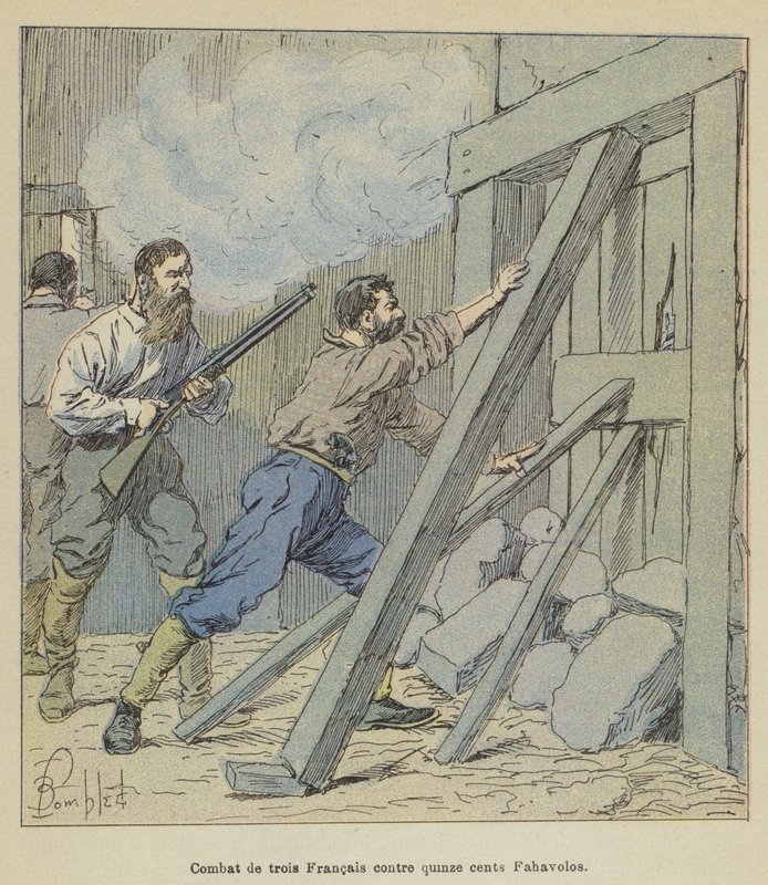 Combattimento di tre francesi contro millecinquecento Fahavolos da after Louis Charles Bombled
