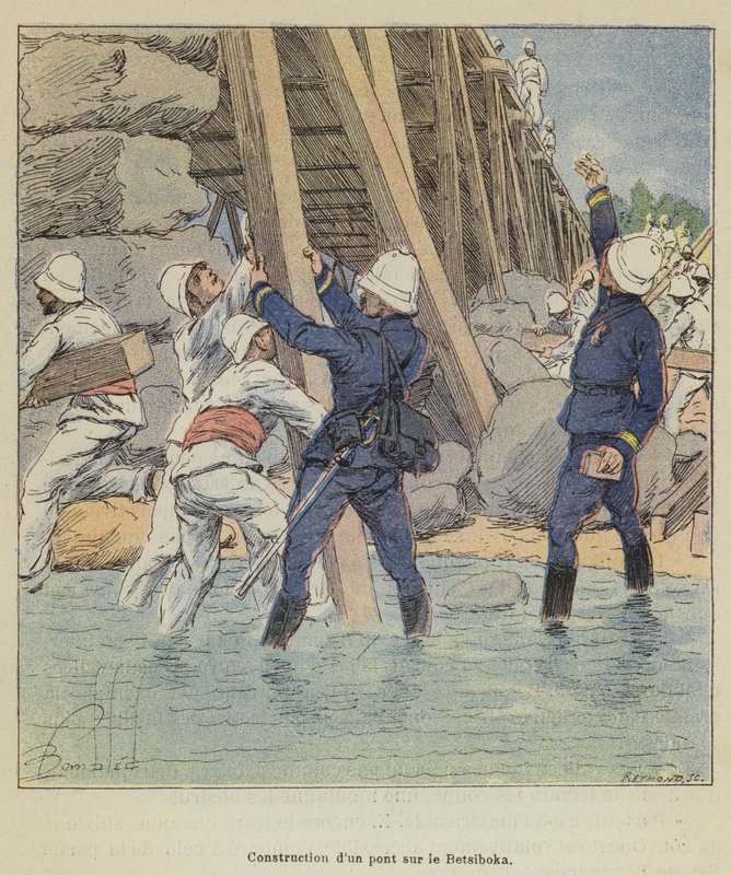 Costruzione di un ponte sul Betsiboka da after Louis Charles Bombled