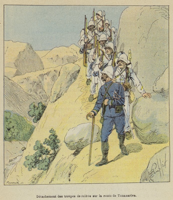 Distaccamento delle truppe di riserva sulla strada per Tananarive da after Louis Charles Bombled