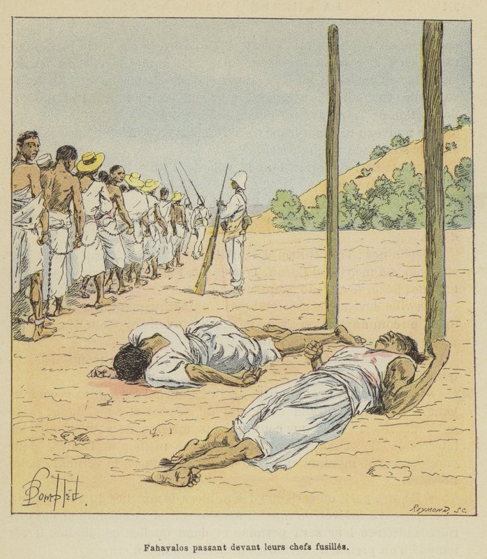 Fahavalos che passano davanti ai loro capi fucilati da after Louis Charles Bombled
