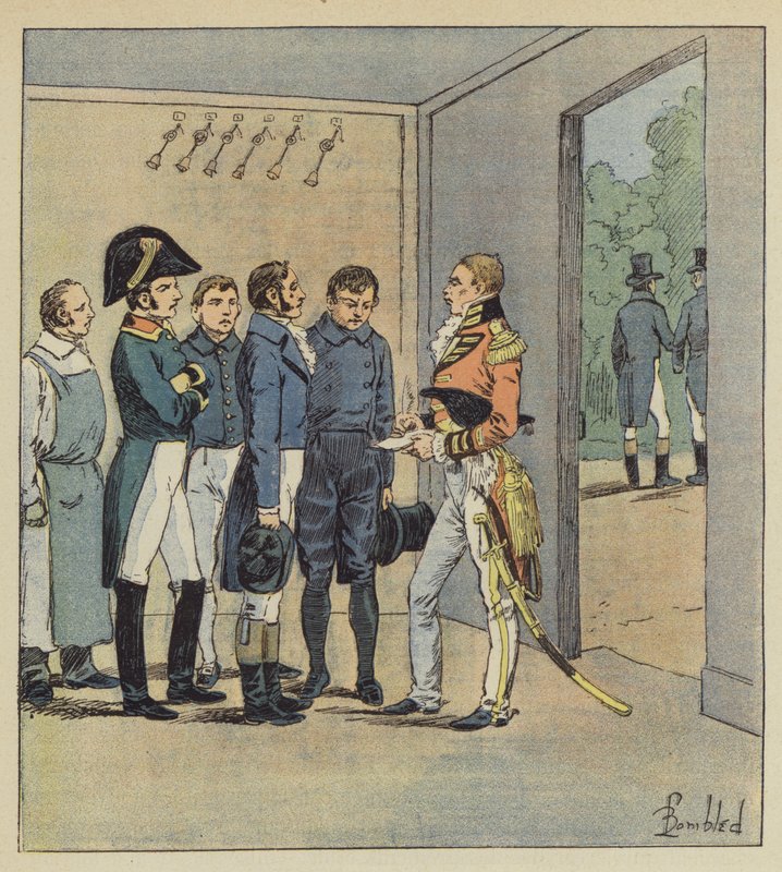 Hudson Lowe interroga i domestici di Napoleone da after Louis Charles Bombled