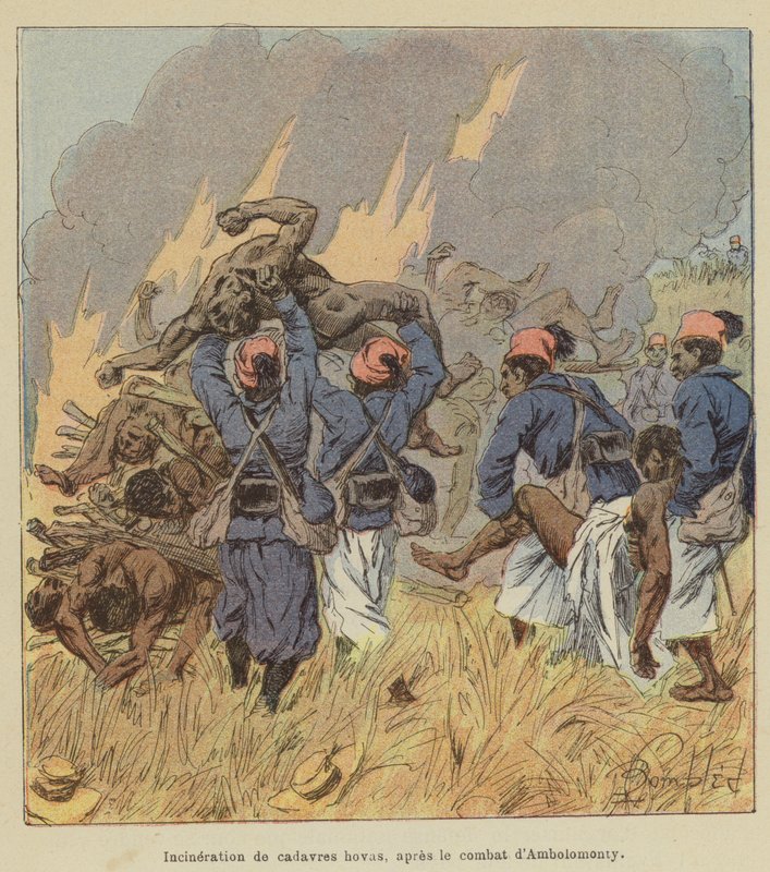 Incenerimento di cadaveri Hova, dopo il combattimento di Ambolomonty da after Louis Charles Bombled